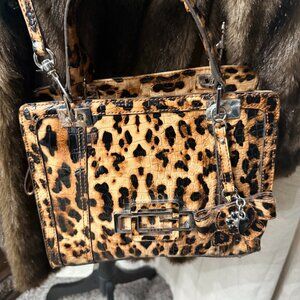 GUESS Y2K Leopard Print Mini Satchel Shoulder Bag w/ Charm